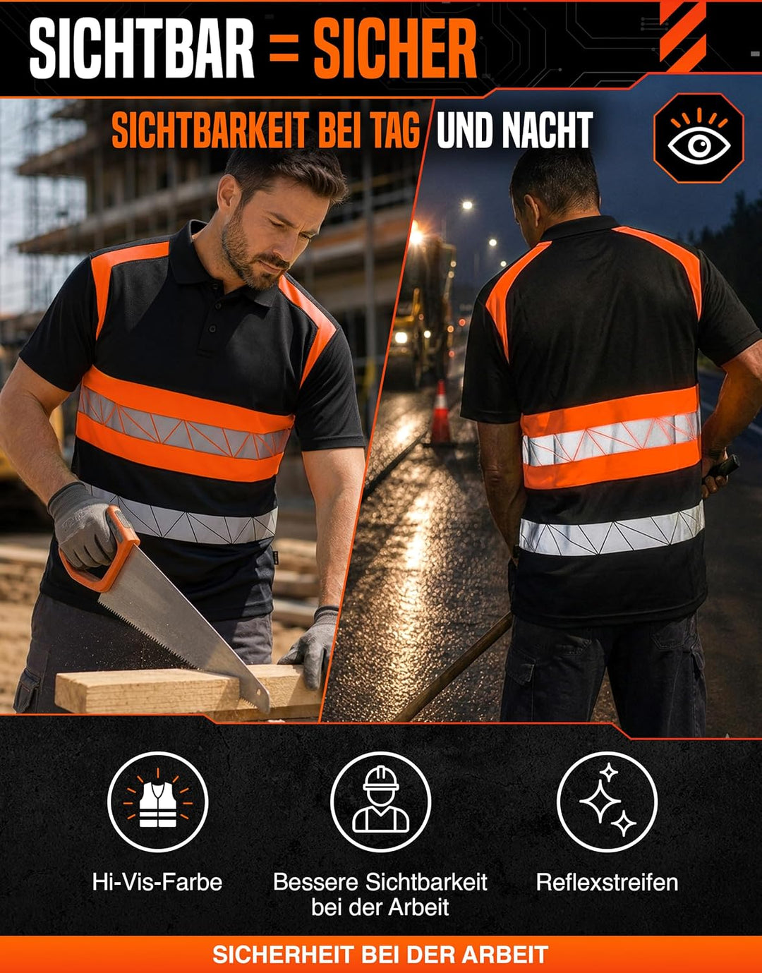 Warnschutz T-Shirt Polo - Atmungsaktiv mit Reflexstreifen und Baumwolle - Warn Tshirt Herren XL Schw