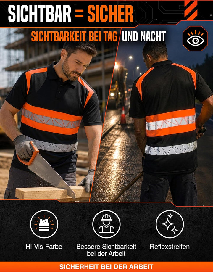 Warnschutz T-Shirt Polo - Atmungsaktiv mit Reflexstreifen und Baumwolle - Warn Tshirt Herren XL Schw