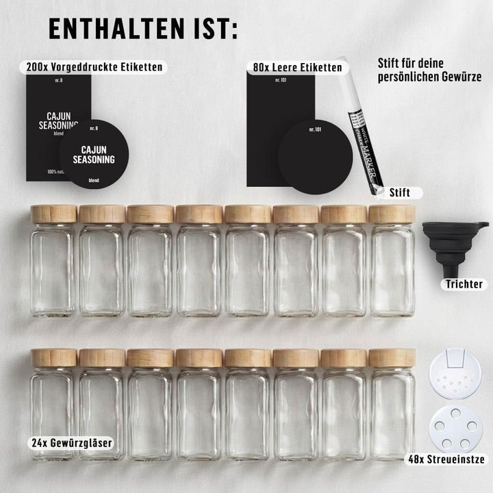 Deco Haus® Gewürzgläser eckig mit Holzdeckel 24er Set [+ Etiketten & Streueinsatz] - Gewürzdosen Set
