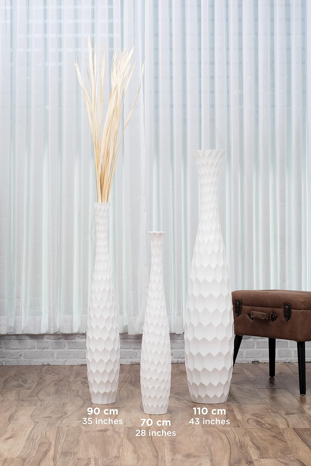 Leewadee Grosse Bodenvase für Dekozweige hohe Standvase Design Holzvase, Holz, 70 cm, Weiss 70 cm We