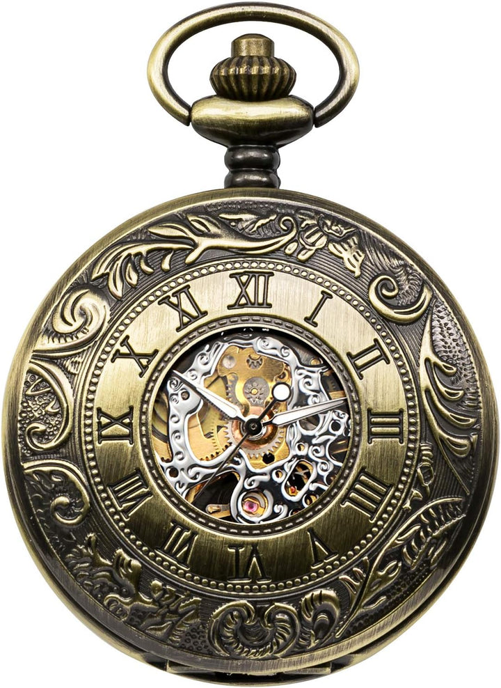 TREEWETO Unisex Taschenuhr mit Kette Mechanische Handaufzug Doppelscharnier Antik Skelett Römische Z