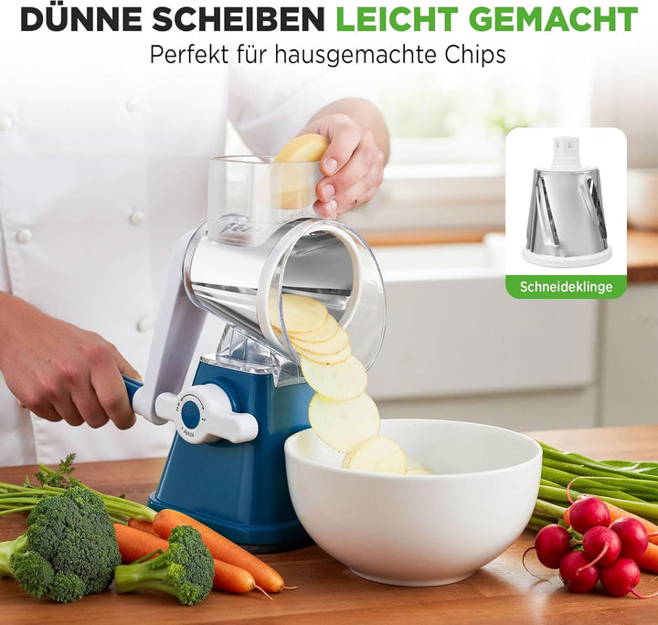 NutriChef 3-in-1 Käsereibe mit Handkurbel – Kompakte Trommelreibe für Käse & Gemüse – 3 Schneidetrom
