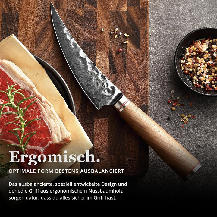 Wakoli Nussbaum Damast Ausbeinmesser Scimitar I Damast Küchemesser mit 16 cm Klinge gefertigt aus Da