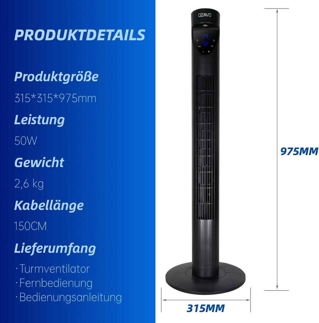 OZAVO Turmventilator mit Fernbedienung und LED-Display, 3 Geschwindigkeitsstufen Fan, Standventilato