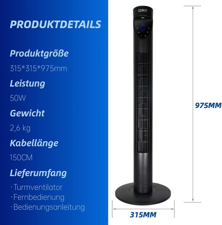 OZAVO Turmventilator mit Fernbedienung und LED-Display, 3 Geschwindigkeitsstufen Fan, Standventilato