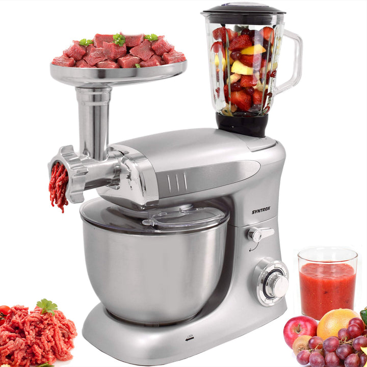 Syntrox Germany KM-1300W Silver de Luxe Küchenmaschine Knetmaschine Mixer mit Fleischwolf, Edelstahl