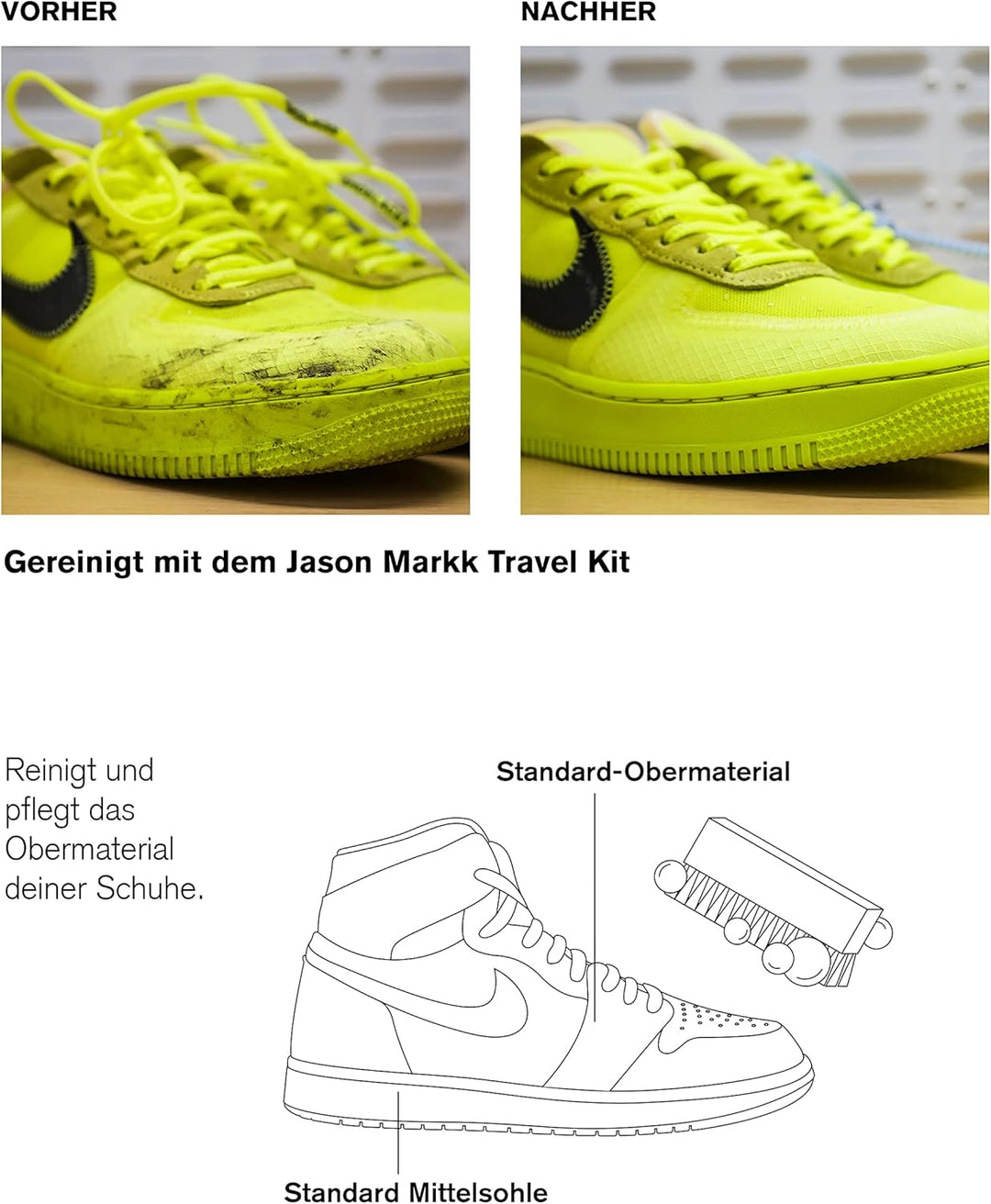 Jason Markk Reise Schuhreinigungsset - 2oz/59ml Premium Schuhreiniger, Mini Premiumbürste, 23cmx23cm