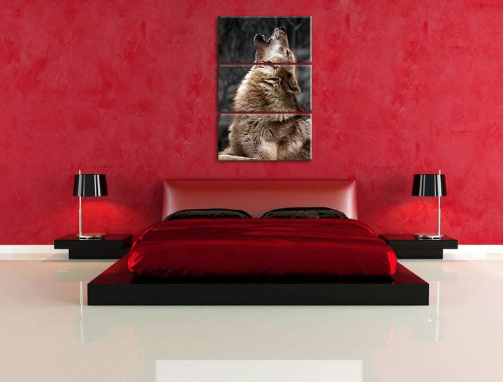 Anmutiger Heulender Wolf schwarz/weiss 3-Teiler Leinwandbild 120x80 Bild auf Leinwand, XXL riesige B
