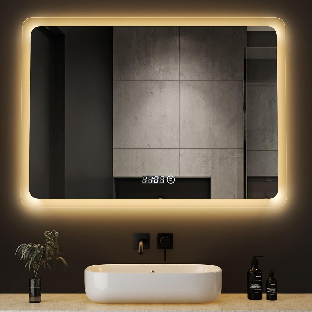 Boromal LED Badspiegel mit Uhr 80x60cm Badezimmerspiegel mit Beleuchtung 6500K Kaltweiss Wandspiegel
