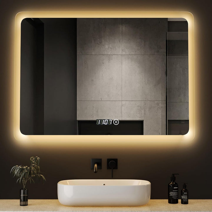 Boromal LED Badspiegel mit Uhr 80x60cm Badezimmerspiegel mit Beleuchtung 6500K Kaltweiss Wandspiegel