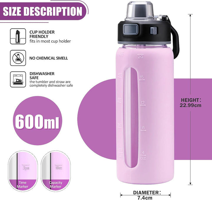 BLUEGO 600ml Glas Wasserflasche mit 2 Deckeln- One-Touch Verschlussdeckel und Griffdeckel Wiederverw