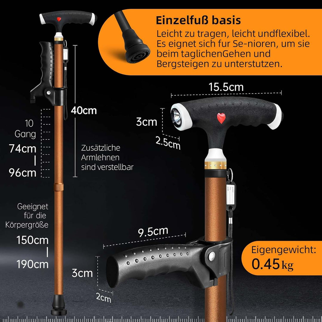 Verstellbarer Gehstock für Herren und Damen Doppelgriff Verstellbarer, Gehstock mit LED-Licht, gehst
