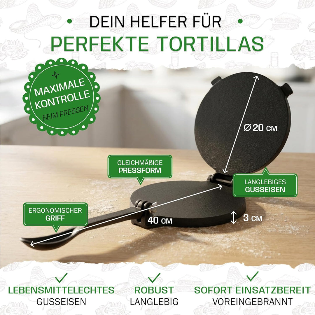 Tortillada - Tortilla Presse/Quesadilla, Roti Maker aus Gusseisen mit Rezepten (20cm) inkl. E-Book m