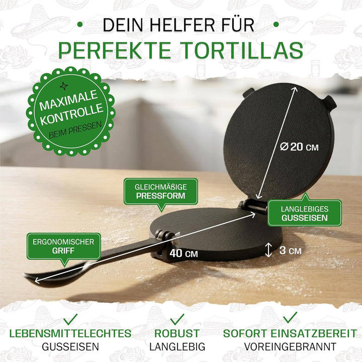 Tortillada - Tortilla Presse/Quesadilla, Roti Maker aus Gusseisen mit Rezepten (20cm) inkl. E-Book m