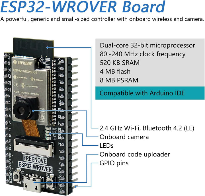 FREENOVE 4WD Car Kit for ESP32 CAM (Included), Dual-core 32-bit 240 MHz Microcontroller, Camera, Dot