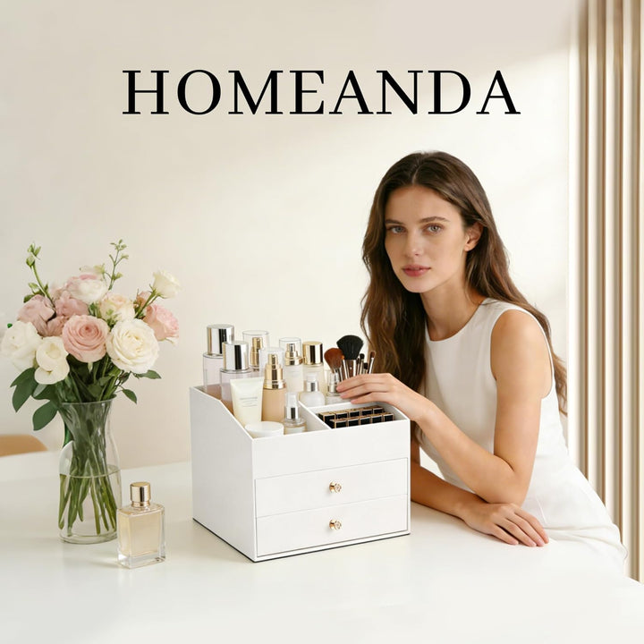 Homeanda Make-up-Organizer aus Kunstleder mit 2 Schubladen – Schreibtisch-Organizer für Kosmetik, Li