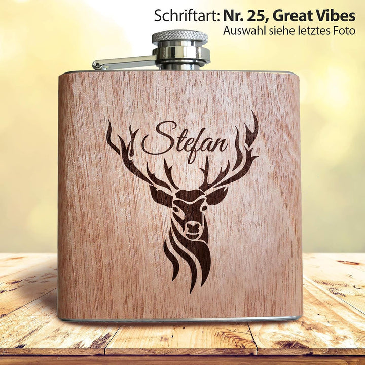 Hirsch Flachmann mit Gravur personalisiert! Männer Geschenk für Jäger. Holz Flachmann personalisierb
