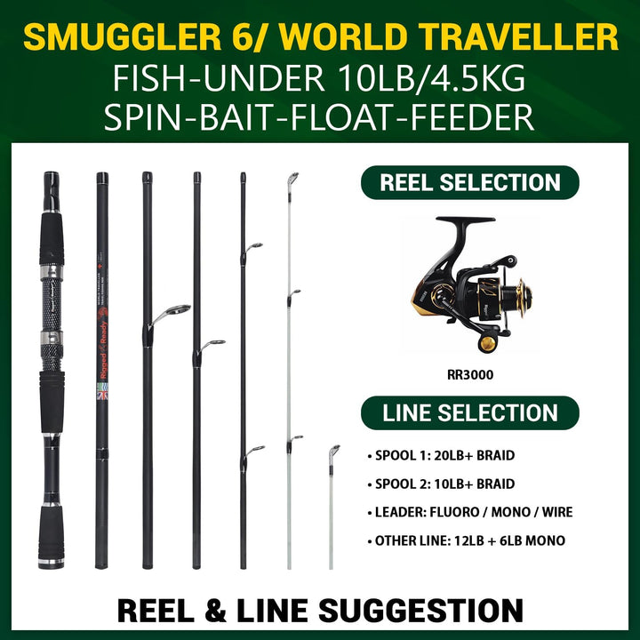 Rigged and Ready Reise-Angelruten der Smuggler-Serie. 4 einzigartige, superkompakte Multifunktionsru