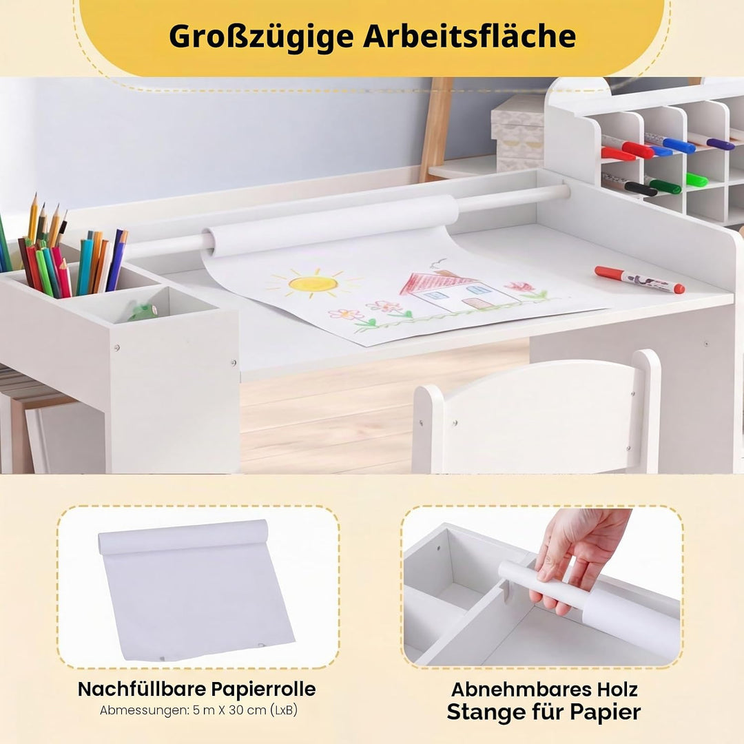 LIFEZEAL Kindertisch mit Stuhl, Zeichentisch Kinder mit Abnehmbarer Papierrolle &amp; Aufbewahrungsschra