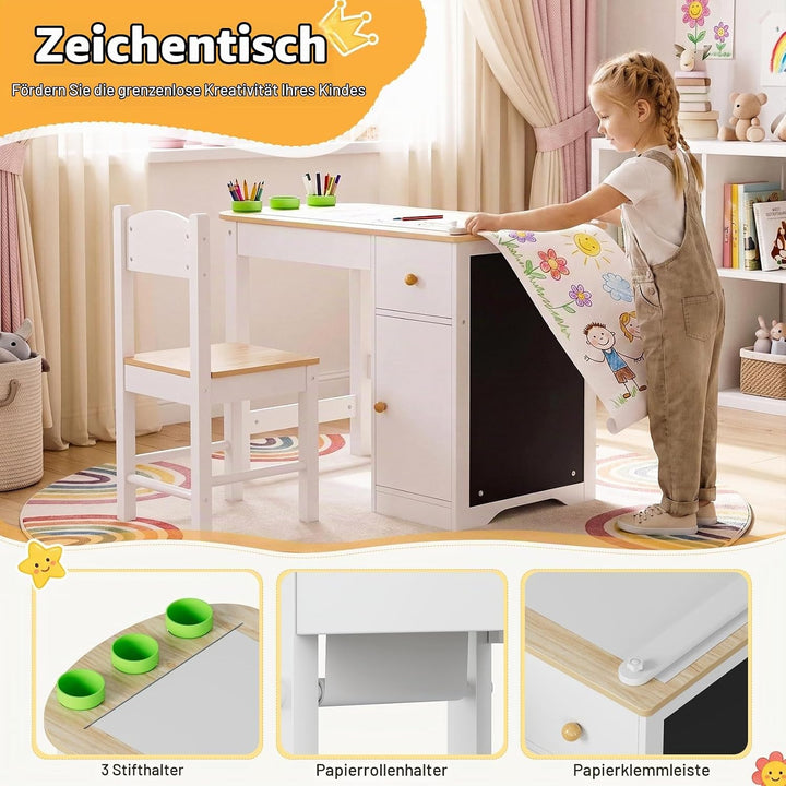 Clevich Kinder Tisch Stuhl Set mit Tafel, Kindertisch Holz, Weiss