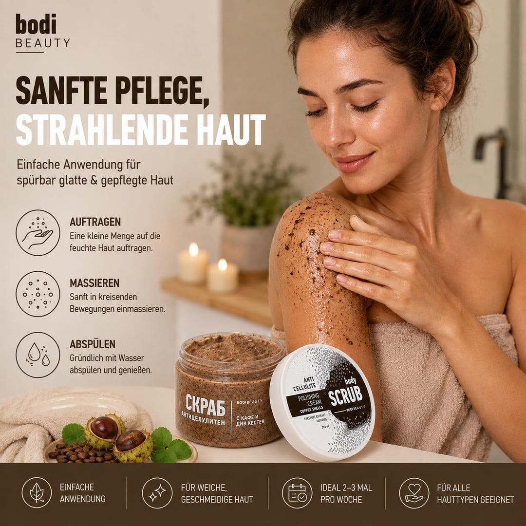 Anti-Cellulite Kaffee-Peeling &amp; Body Scrub 330 ml – Koffein, Kaffeepartikel, Shea &amp; Traubenkernöl, V