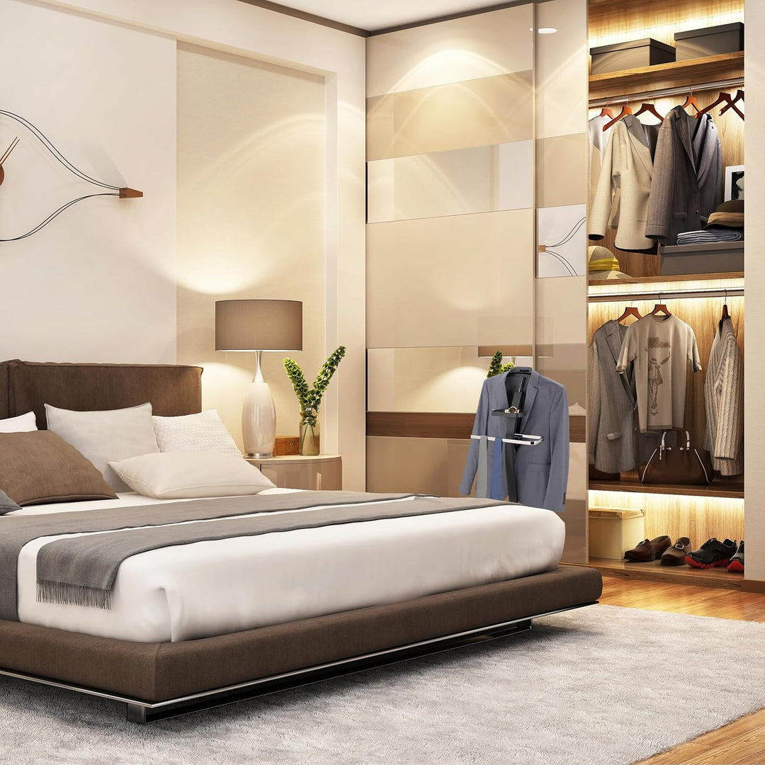 Relaxdays Herrendiener, mit Ablage, für Jackett & Hose, HBT: 112 x 46 x 32 cm, MDF & Stahl, Stiller