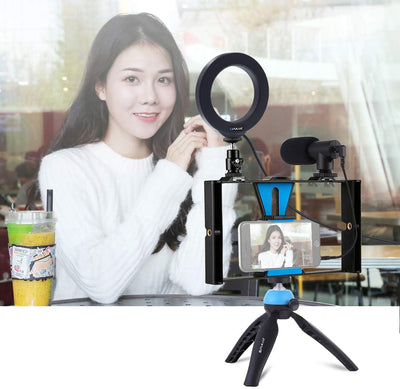 PULUZ 4 in 1 Vlogging Live Broadcast Smartphone Video Rig + 11,7 cm Ring LED Selfie Licht Kits mit M