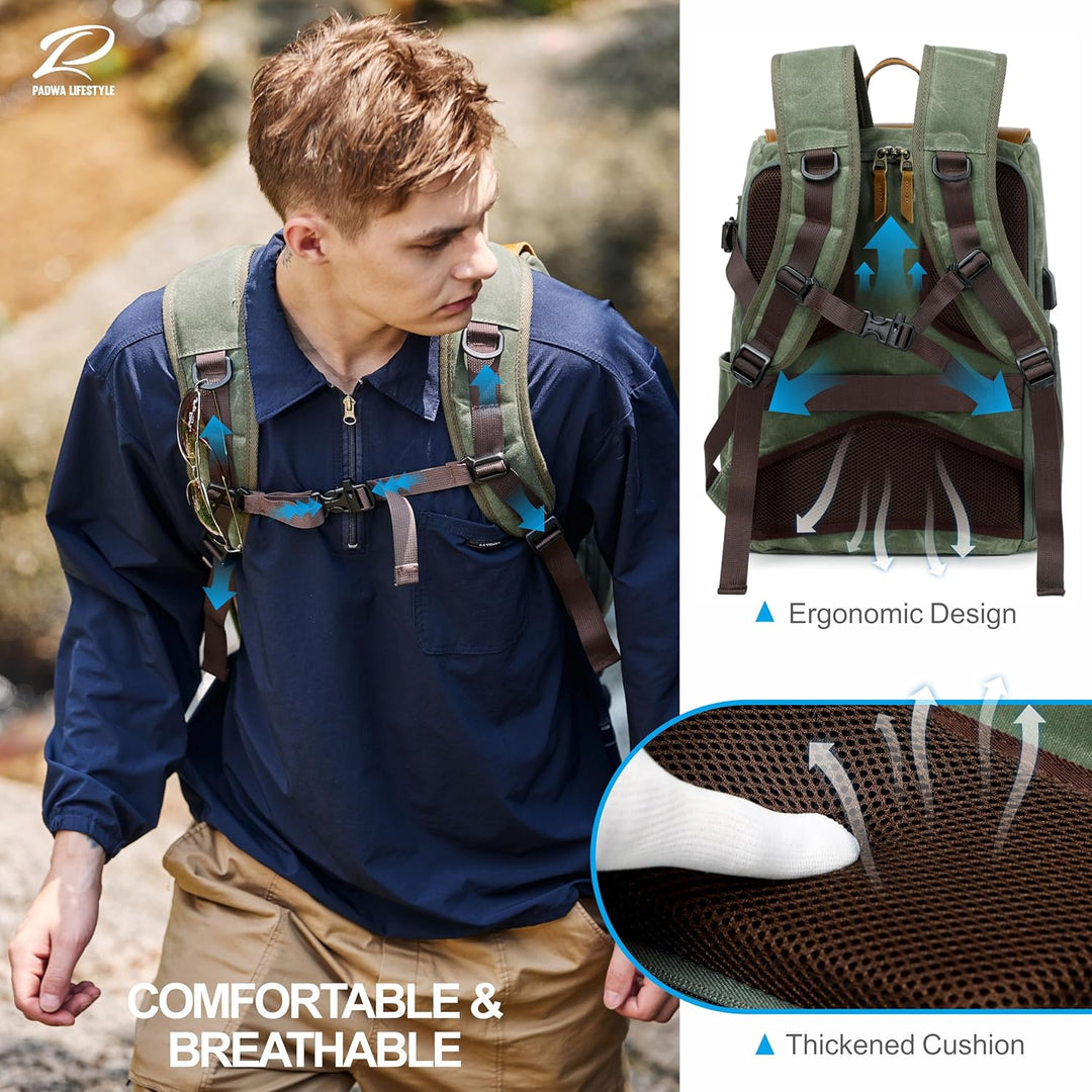Padwa Lifestyle Grüner Kamerarucksack - wetterfeste Kameratasche aus gewachstem Memory Canvas mit 16