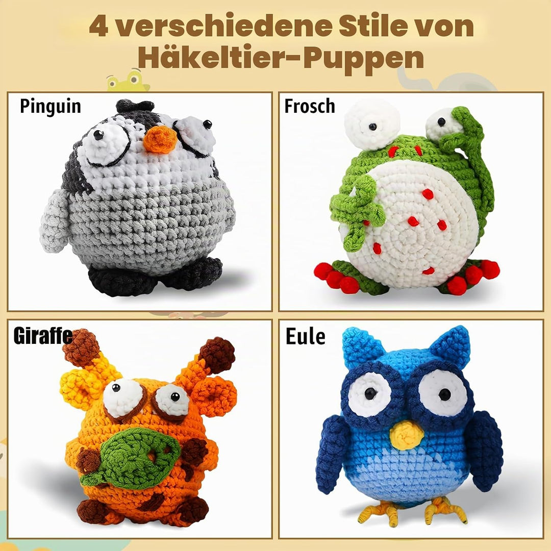 Welhammsae Häkelset für Anfänger, 4 Stück Tier Häckel Kit für Anfänger mit Garn, Häkelnadeln, Füllun
