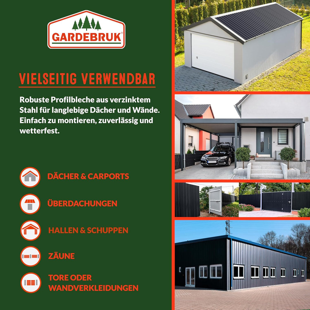 GARDEBRUK® 24x Trapezblech 129x46cm = 14m² Verzinkt Rostresistent Wetterfest Profilblech Dachblech W