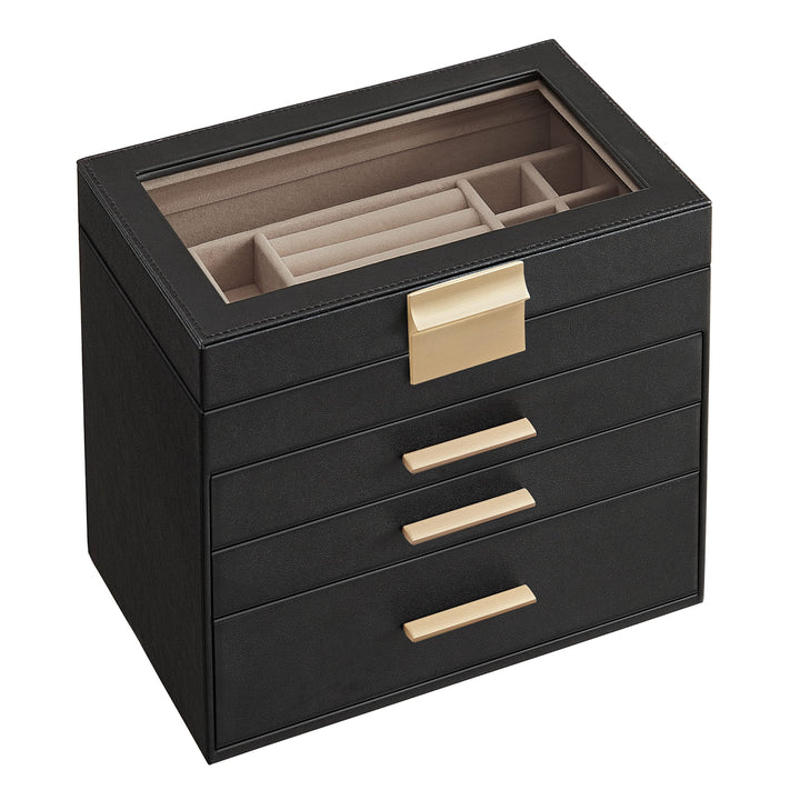 SONGMICS Schmuckkästchen, Schmuckkasten mit 4 Ebenen, Schmuckbox mit Glasdeckel, 3 Schubladen, für S