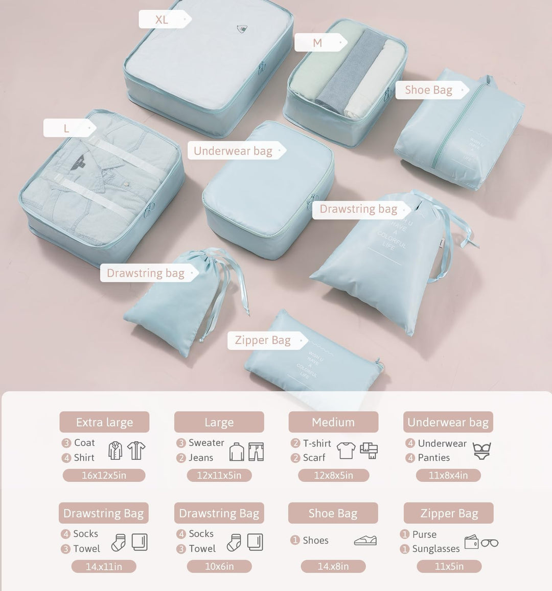 Meowoo 8-teilig Koffer Organizer Set, Packing Cubes, Packwürfel für Urlaub & Business, Reise Organiz