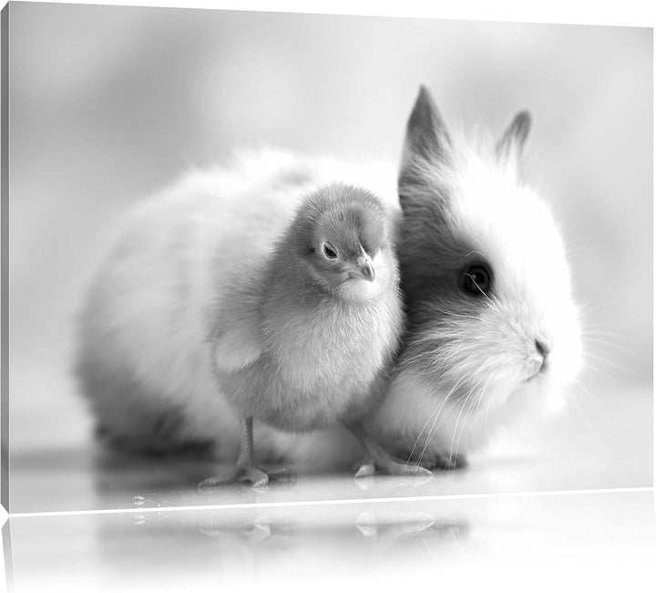 Pixxprint Küken mit Häschen / 100x70cm Leinwandbild bespannt auf Holzrahmen/Wandbild Kunstdruck Deko