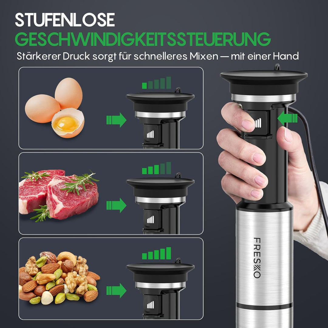 FRESKO Stabmixer 1000W, Stufenlose Geschwindigkeitsregelung, Pürierstab aus Edelstahl inkl. Schneebe