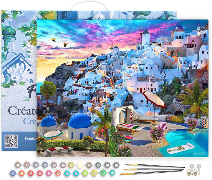 Figured'Art Malen Nach Zahlen Erwachsene Mit Rahmen Santorini - Paint by Numbers Basteln DIY Bastels
