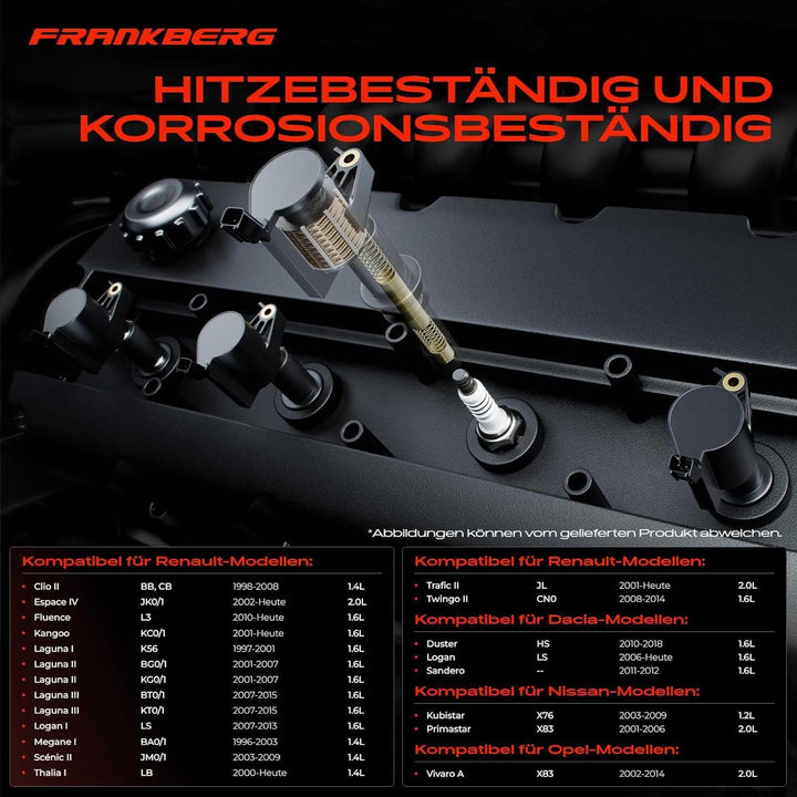 Frankberg 4x Zündspule Zündmodul Kompatibel mit Clio II Clio III Duster Logan Sandero Kubistar Prima