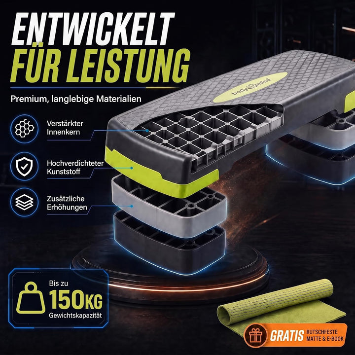 Body &amp; Mind® Aerobic Steppbrett Stepper Step-Bench mit gratis Anti-Rutsch-Matte &amp; exklusiven Trainin