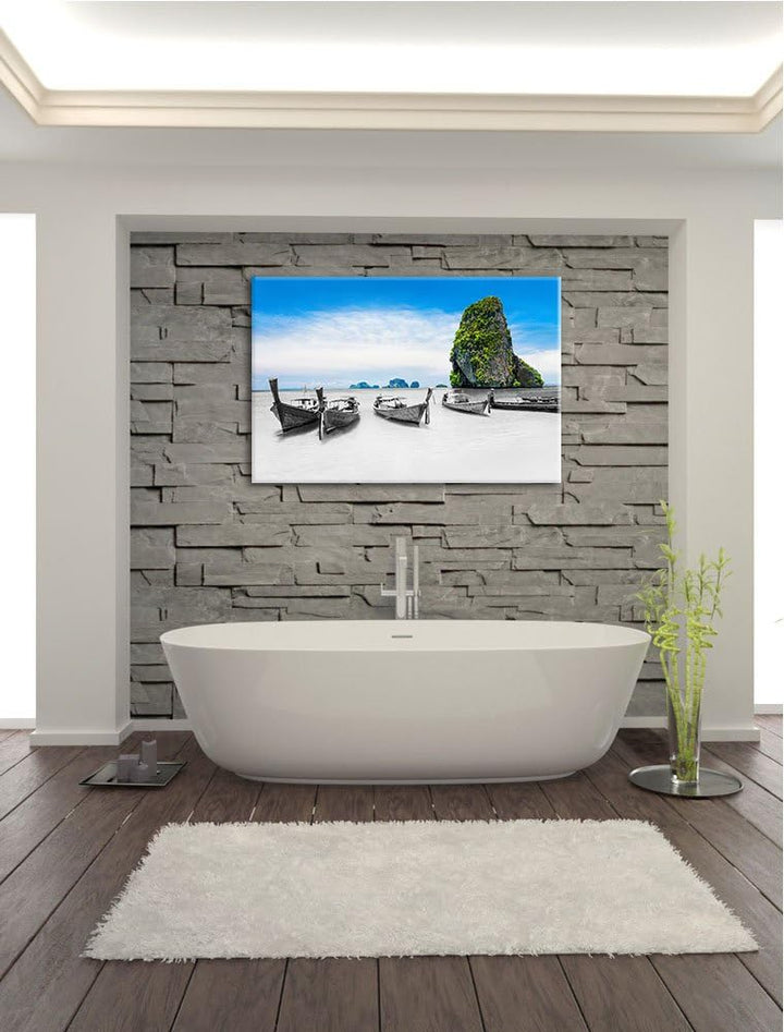 schöne Boote im Pazifik schwarz/weiss Format: 100x70 auf Leinwand, XXL riesige Bilder fertig gerahmt