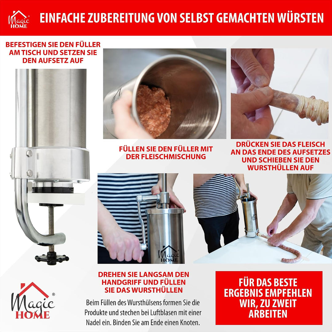 MAGIC HOME Wurstfüller aus Edelstahl | 2l / 3kg | Manuell, Vertikale | Hochwertige Wurstfüllmaschine