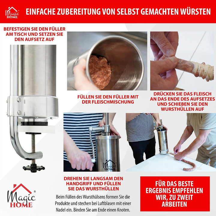 MAGIC HOME Wurstfüller aus Edelstahl | 2l / 3kg | Manuell, Vertikale | Hochwertige Wurstfüllmaschine