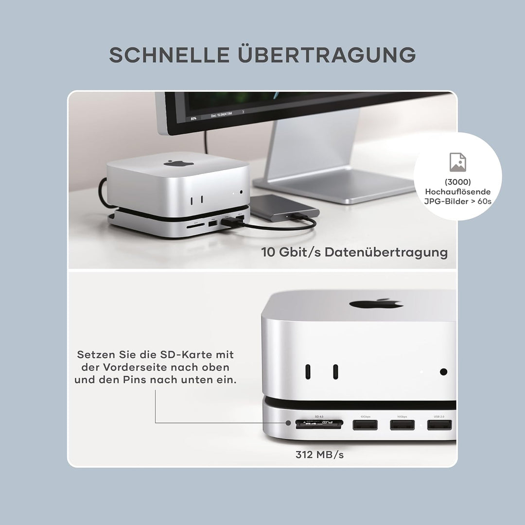 SATECHI Mac mini M4 Hub & Stand mit NVMe SSD Gehäuse, Aluminium Dock mit 2X USB-A bis 10 Gbit/s, 1x
