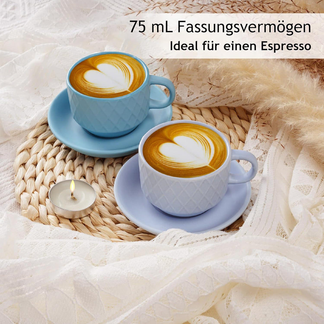 MIAMIO – 6 x 75 ml Espresso Tassen/Espressotassen Set mit Ständer Steingut Keramik - Palmanova Kolle