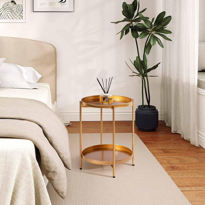 HollyHOME Runder Beistelltisch, 2 Ebenen Goldener Beistelltisch Metalltablett, Snacktisch, Couchtisc