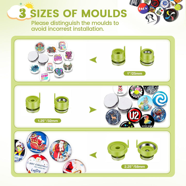 Buttonmaschine, 25+32+58 mm Button Maschine Presse Abzeichen 300 Sets Metall-Nadelrücken Badge-Teile