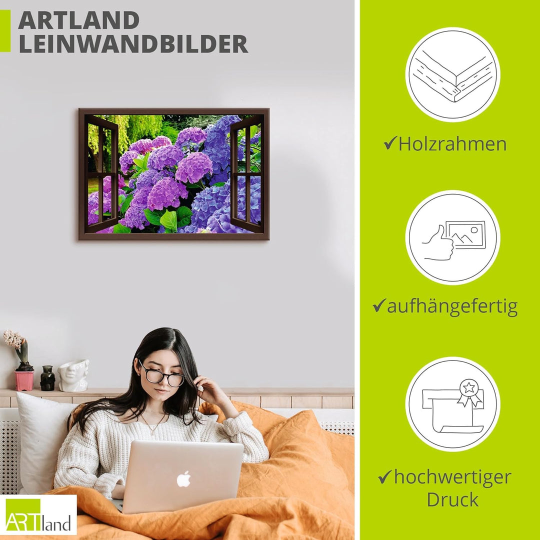 ARTland Leinwandbilder Wandbild Bild auf Leinwand 70x50 cm Fensterblick Hortensien im Garten T5QA Ho