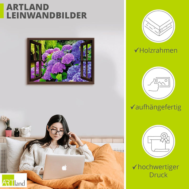ARTland Leinwandbilder Wandbild Bild auf Leinwand 70x50 cm Fensterblick Hortensien im Garten T5QA Ho