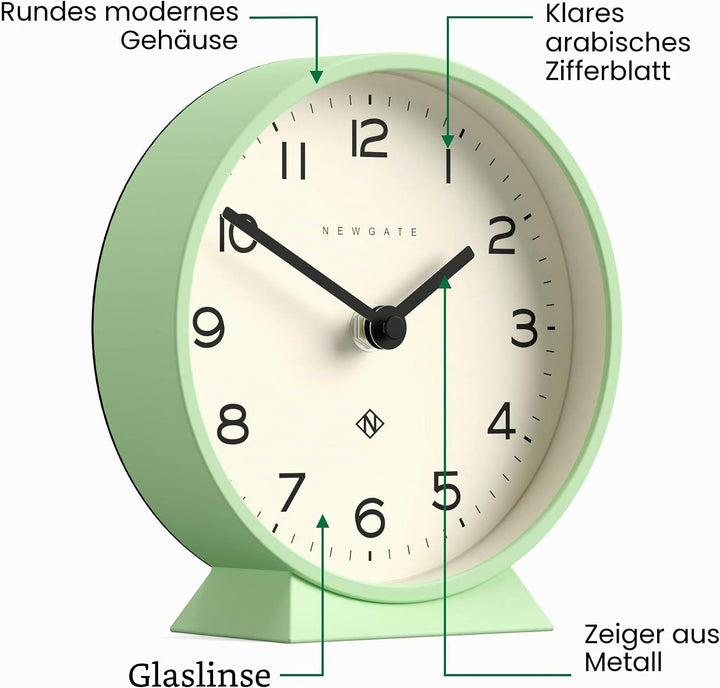 NEWGATE® M Mantel Echo schreibtischuhr | Modernes rundes Design | Neo mintgrün | Leicht lesbare Zahl