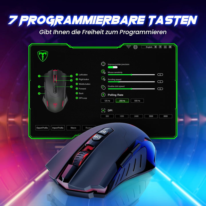 RisoPhy Gaming Maus Kabellos, Gaming Mouse Wireless mit 7 Programmierbare Tasten und 5 Einstellbare