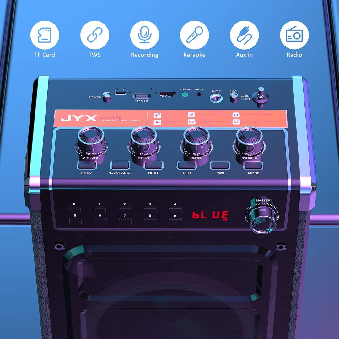 JYX Karaoke-Maschine mit 2 UHF-Funkmikrofonen, Bluetooth-Lautsprecher mit Bass-/Höhen-Einstellung un