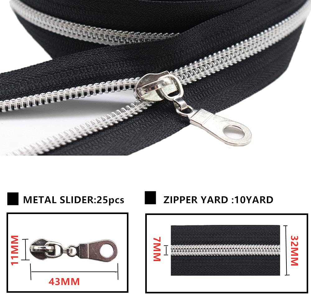 MebuZip 9 m silberfarben endlos Reissverschluss Meterware Reissverschluss Nylon 6mm-Spirale + 25 Non